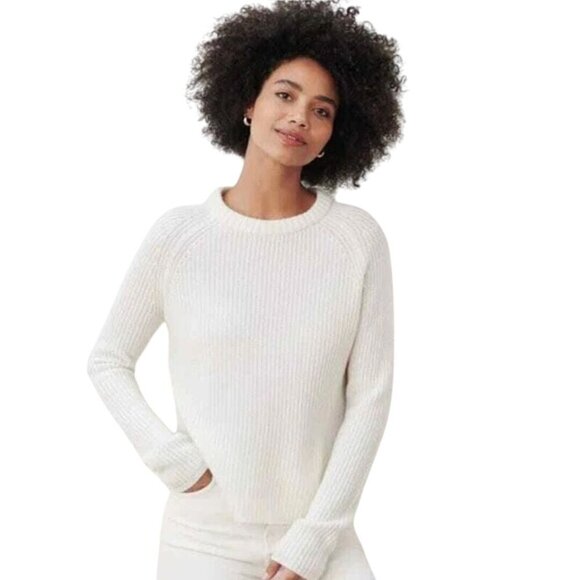 Jenni Kayne Cashmere Fisherman Sweater Ivory Ribbed Crewneck Pullover Size L - Picture 1 of 9